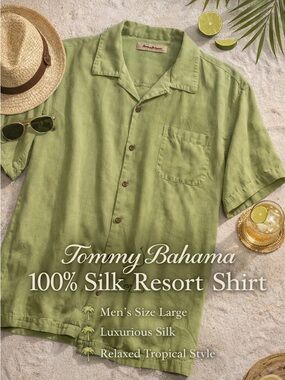 Tommy Bahama 100% Silk Shirt Mens L Green Resort Camp Button Up Vacation